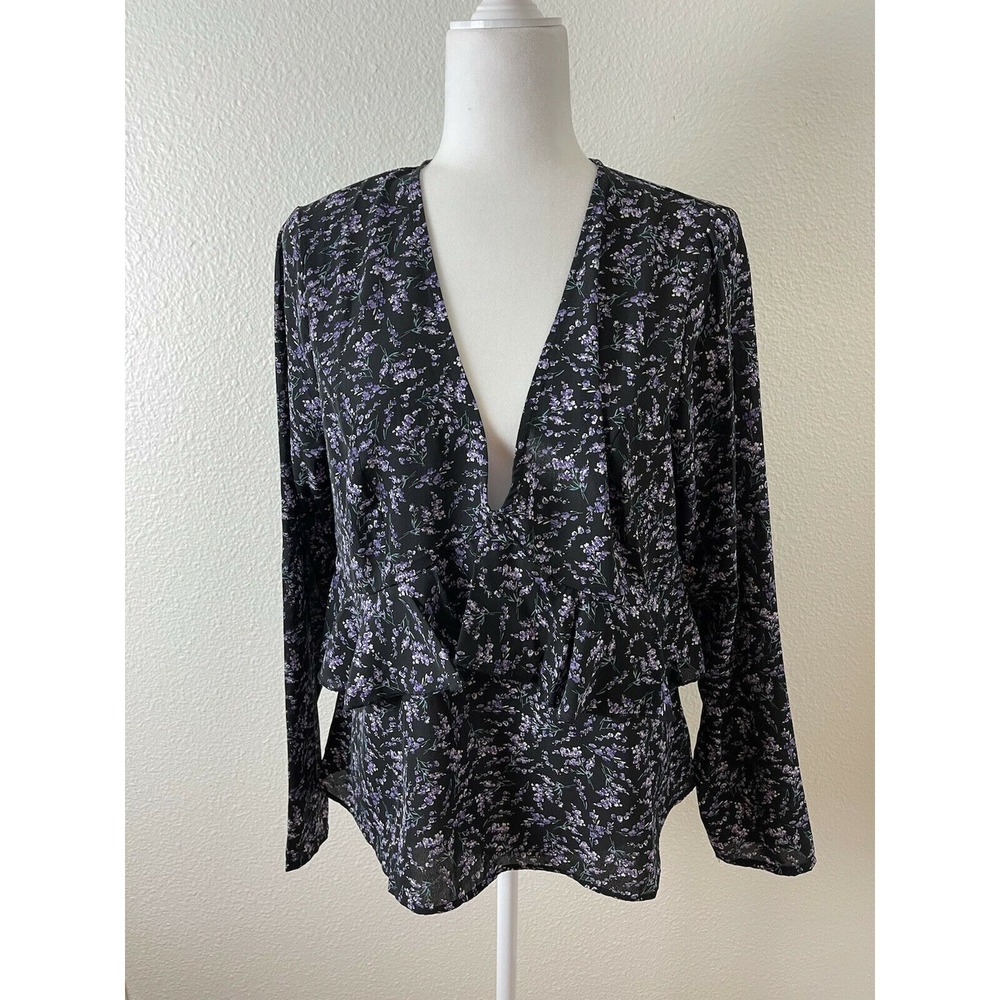 Nasty Gal Women's Size 12 Floral Blouse Black‎ Purple V Neck Ruffle